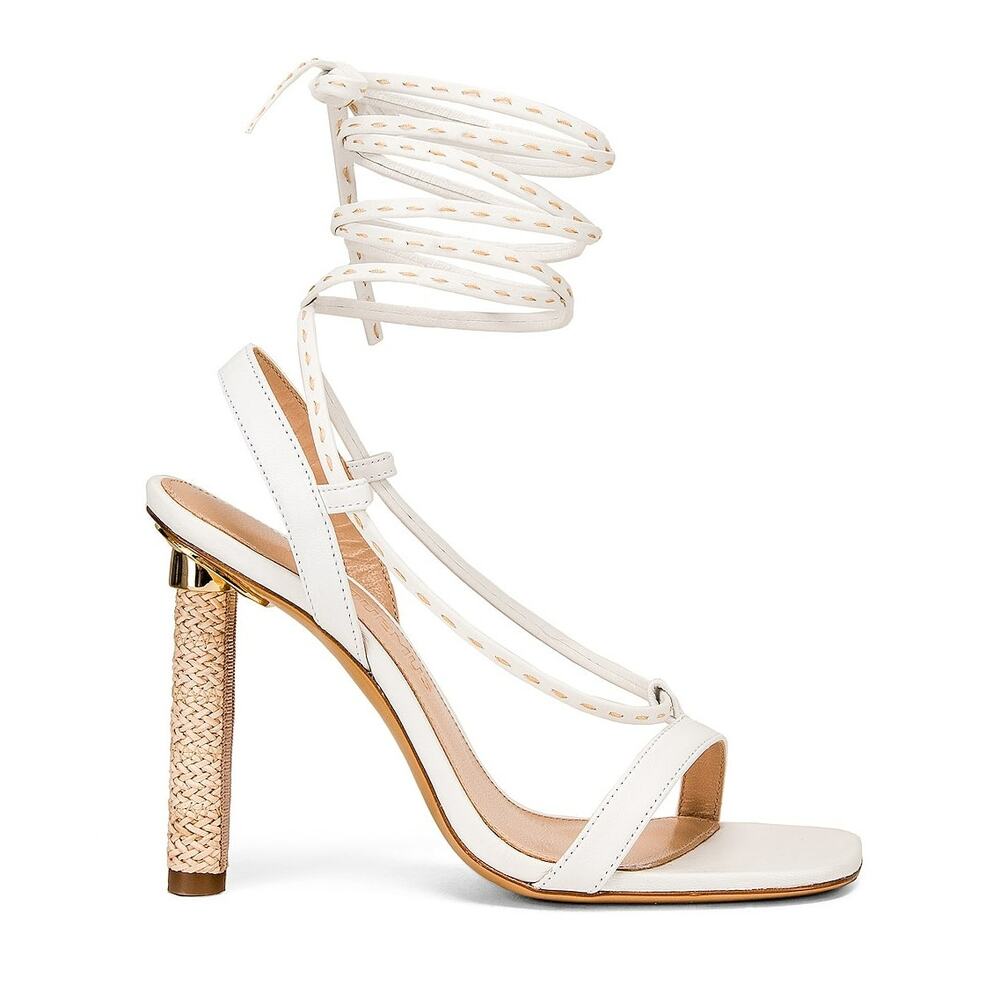 Jacquemus Bergamo White Leather Ankle Wrap Sandals Jute Heel Size FR 37 US 6